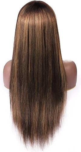 ORBAY Pelucas de cabello largo y liso con flequillo, color marrón degradado, mezcla de rubio, pelucas de aspecto natural para mujeres, encantadoras