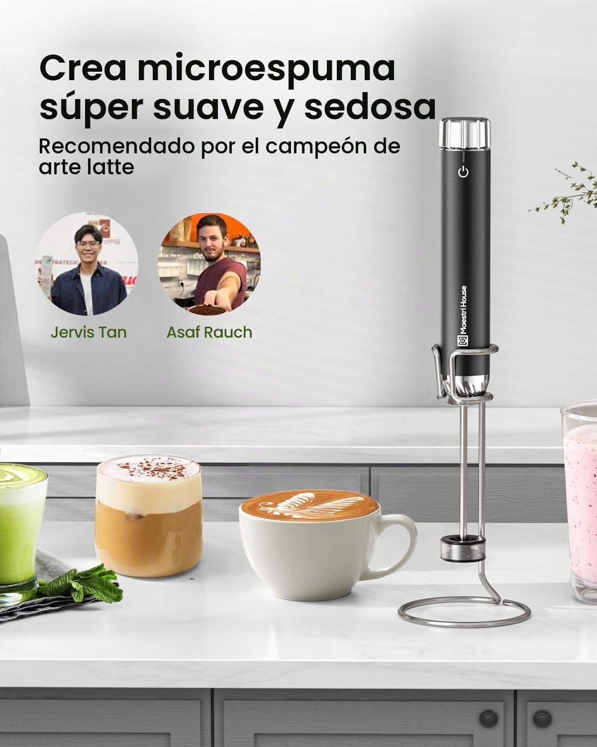 Maestri House Espumador de leche de grado barista, recargable, con control de velocidad continuo, resistente al agua IPX6, microespuma de nivel Latte Art para café con leche y flat white