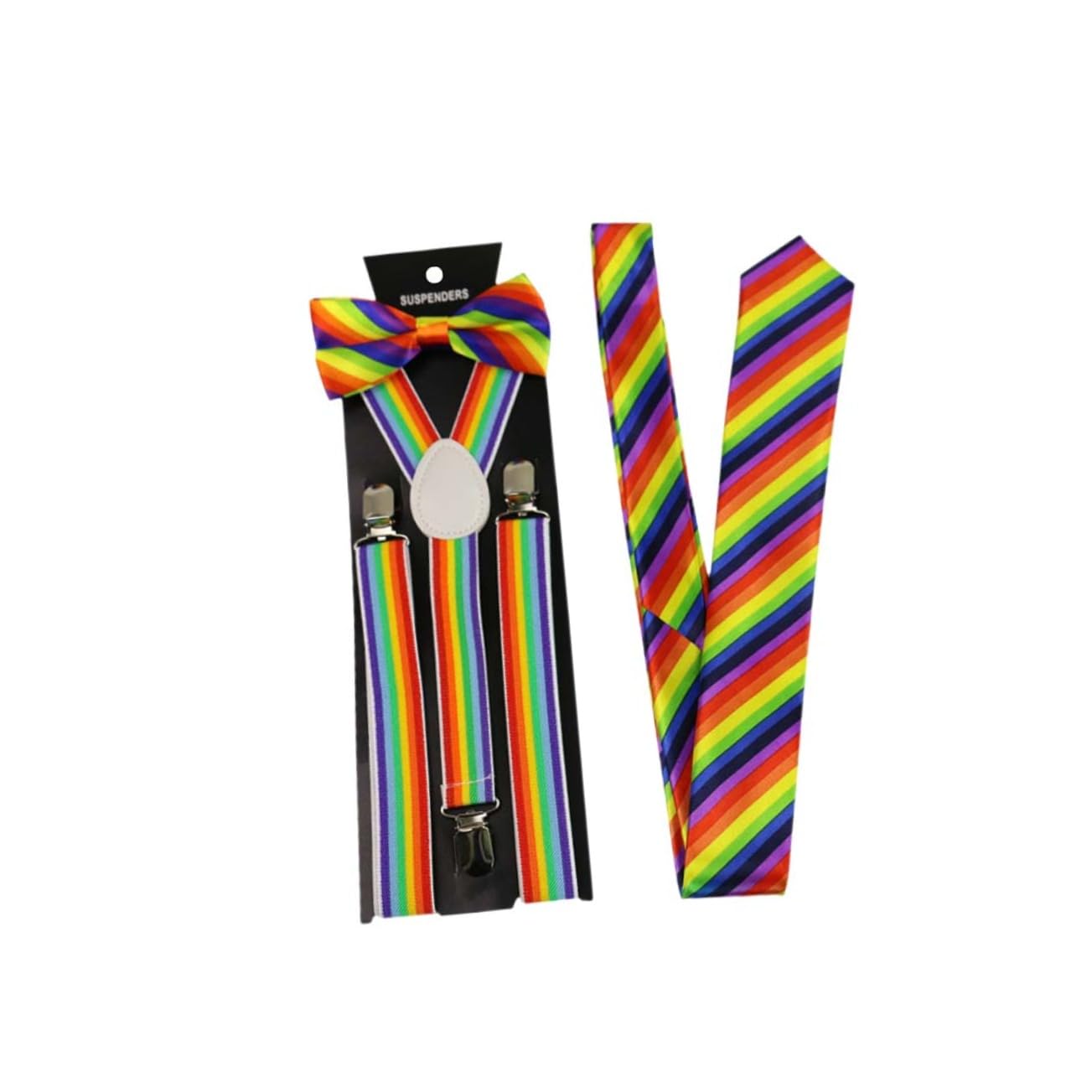 NOLITOY 3pcs Rainbow Stripe Suspender Bow Tie Set Elastic Suspenders for Jeans Blue Bow Tie Unisex Party Costumes
