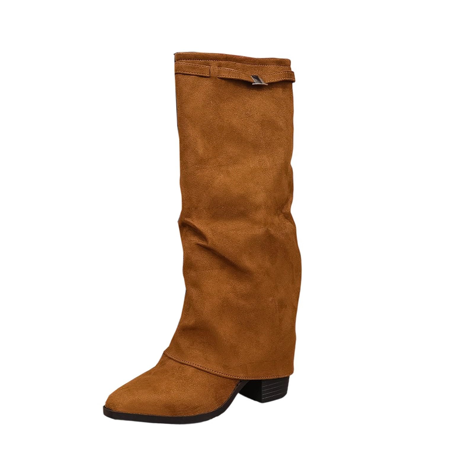 Chunky Knee High Boots for Women Slouchy Suede Wide Calf Tall Booties Pointed Toe Dress Shoes