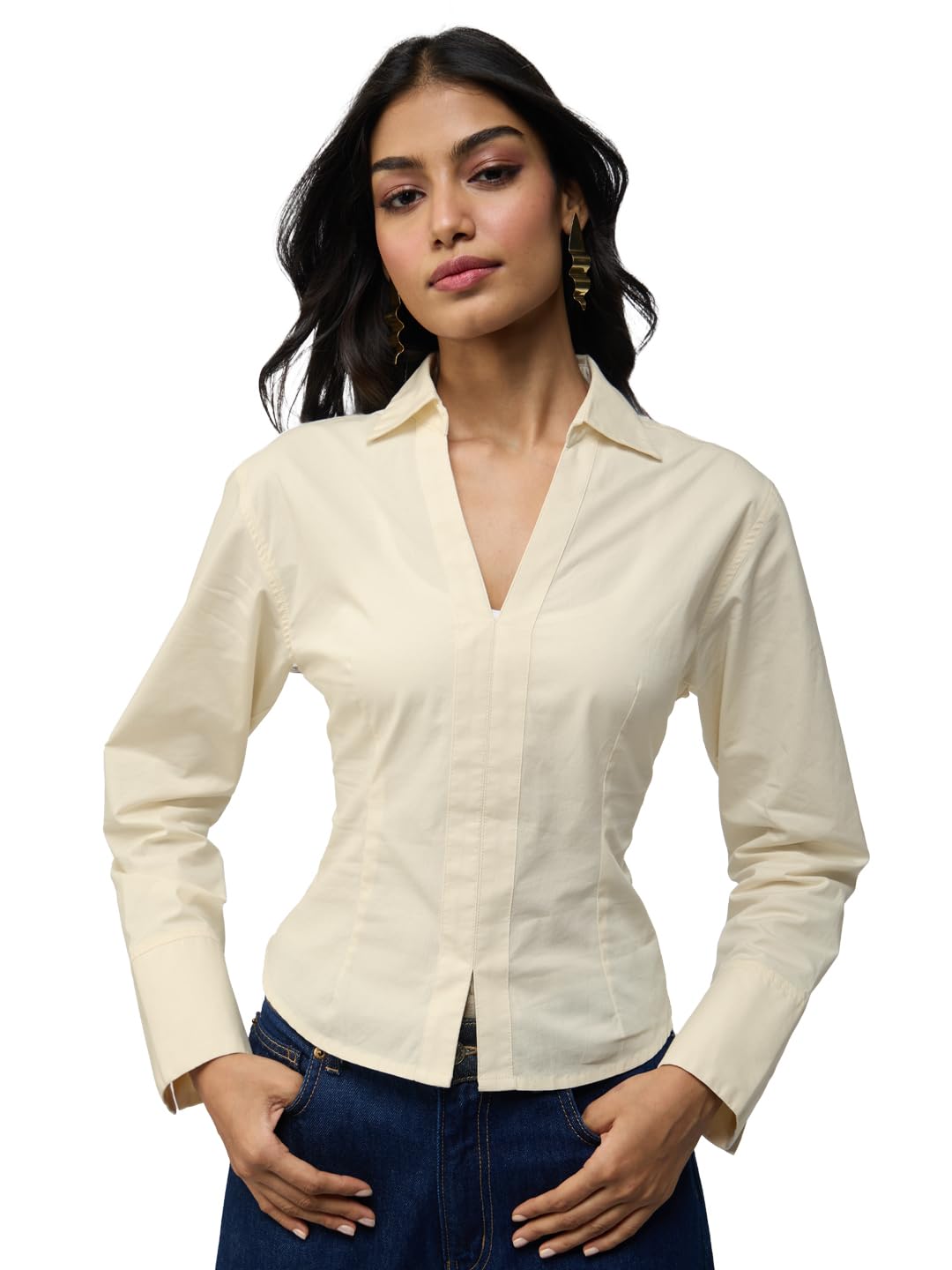 the souled store Corset Shirt: Off-White Women and Girls Long Sleeves Collared Neck Button Front Fitted Shirts-picture-26