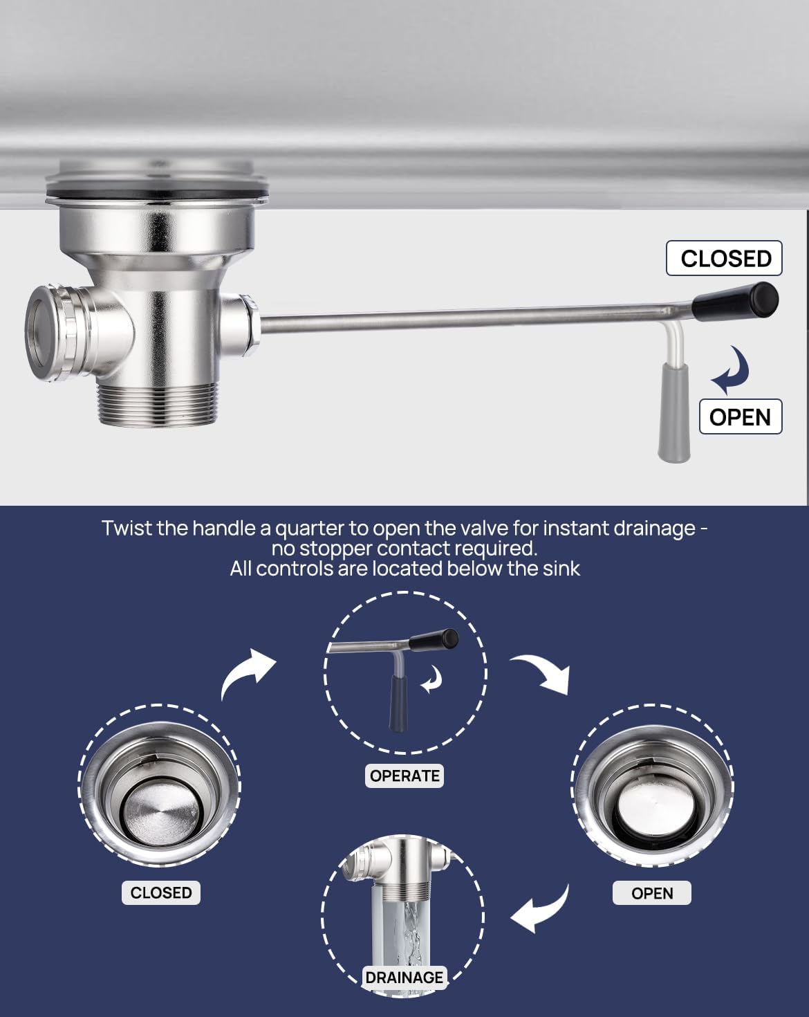 3-1/2" Commercial Sink Drain with Twist Lever Handle, Waste Drain Valve with Overflow Inlet for Restaurant 2/3 Compartment Sink, Easy Controll, Block-Free and Leakproof