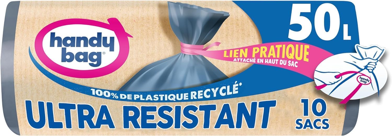 Handy Bag Sacs poubelle à liens pratique Ultra Résistant & Fond anti-fuite, 100% plastique recyclé, 1 rouleau de 10 sacs poubelle 50L