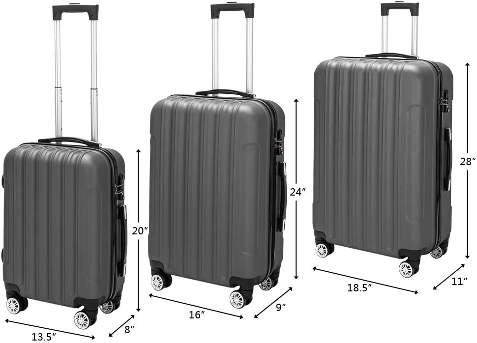 3 Piece Luggage Set Carry On Suitcase,Lightweight Travel Carry-on and Checked Luggage,Rolling Hard Shell Travel Suitcases,with Spinner Wheels TSA Locks,for Men, 20/24/28 Inch (Dark Gray-C, 3 Piece)