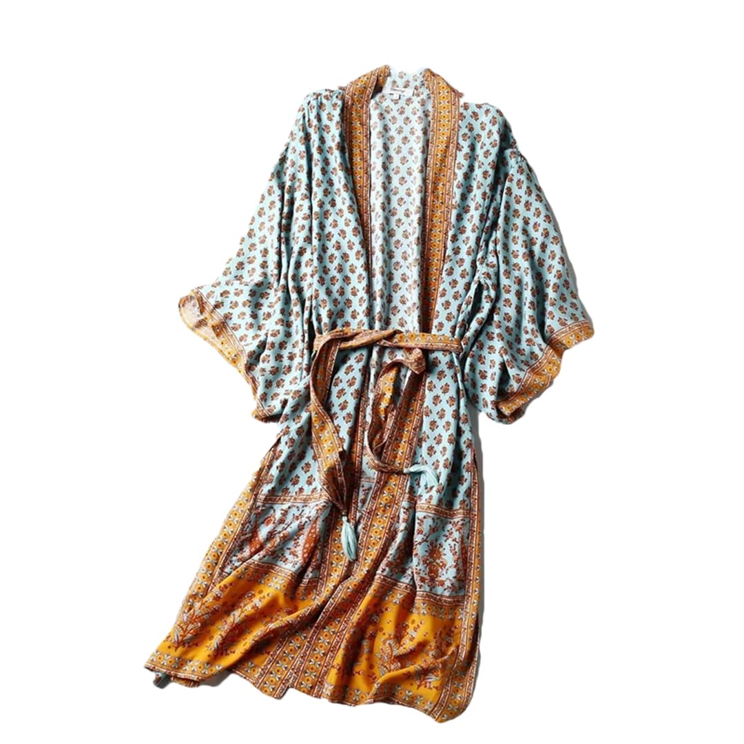 Disimlarl Kimono bohemio con estampado floral para mujer, cuello en V, mangas murciélago, bata larga para cubrir el bikini