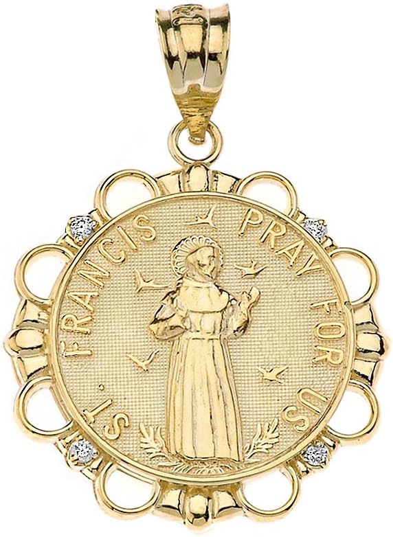 Fine 10k Yellow Gold Diamond Round St. Francis Of Assisi Medal Pendant