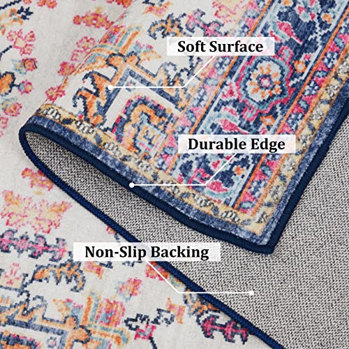 Rugsreal Boho Area Rug 8X10 Vintage Bohemian Rug Indoor Floor Print Distressed Medallion Carpet Rug Mat Foldable Accent Rug Kitchen Living Room Bedroom Dining Room, Orange/Blue #TOP1