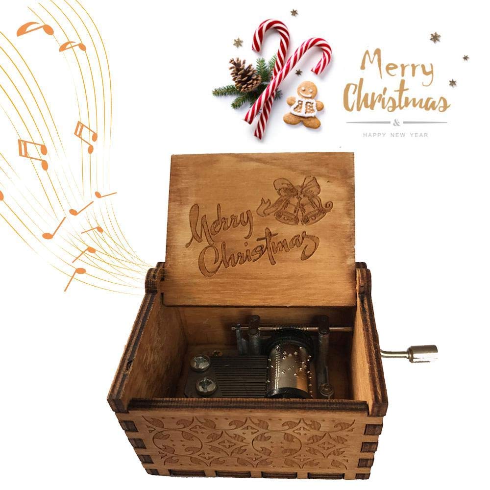 CAAJU Merry Christmas Music Box - Hand Crank Engraved Musical Box Vintage Wooden Classic Crafts - Play The Tune Merry Christmas - Children's Day Birthday Gifts for- Red