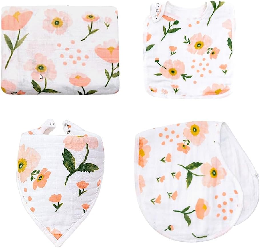 Muslin Swaddle Blanket Set for Baby – 4-Piece Newborn Essentials with Swaddle, Burp Cloth & Bibs, Soft Breathable Receiving Blanket | Floral