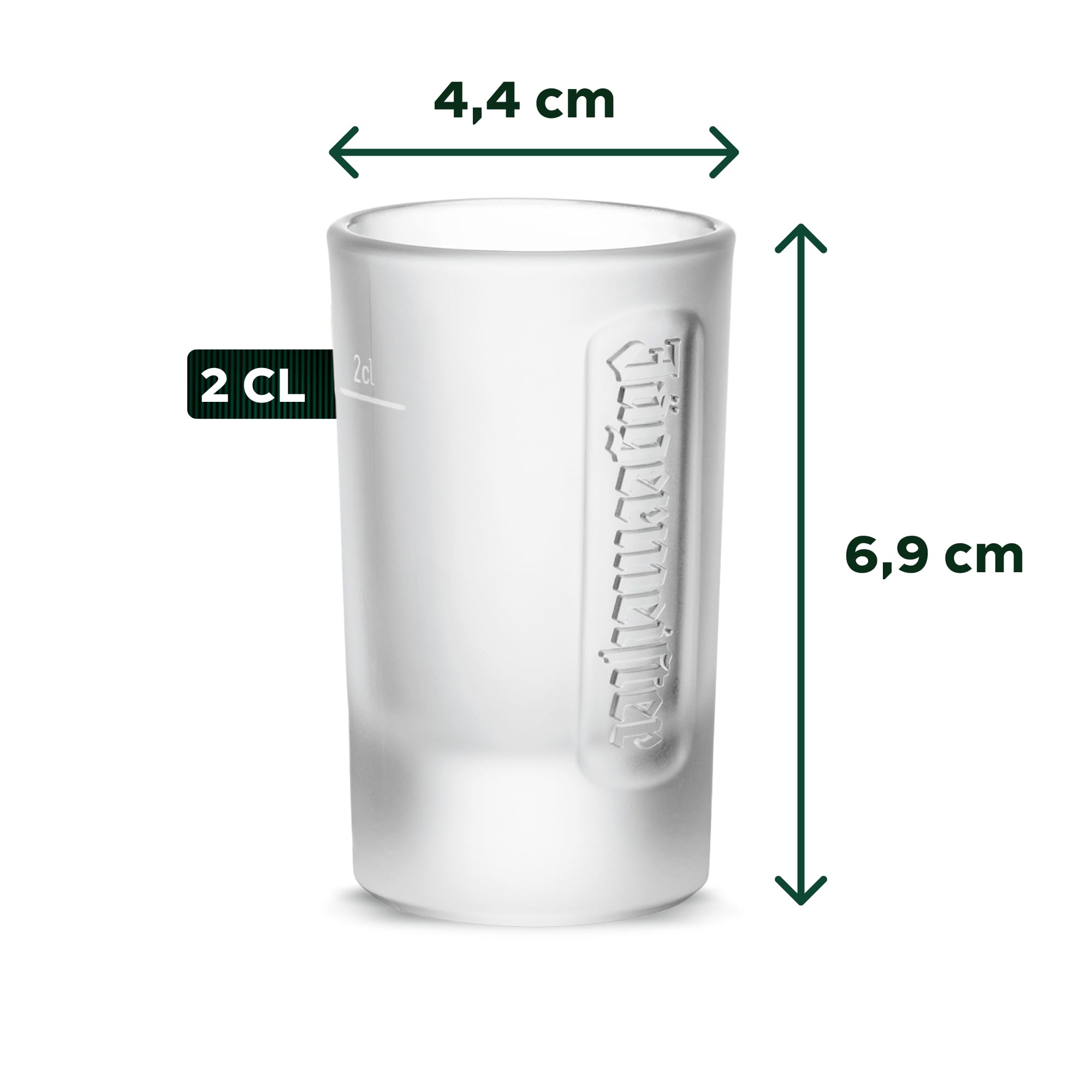 Jägermeister Set di 6 bicchierini da liquore da 2 cl, tacca da 2 cl, in vetro smerigliato, lavabile in lavastoviglie e stabile, capacità: circa 38 ml per bicchiere