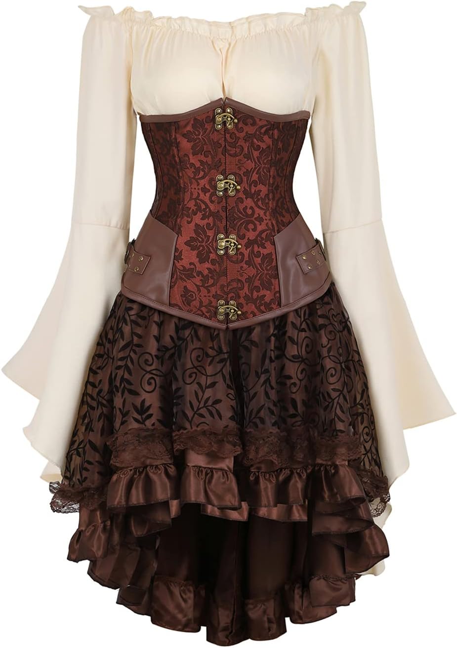 Grebrafan Rockabilly Corset Skirt with Blouse Steampunk Underbust Corsets Costume