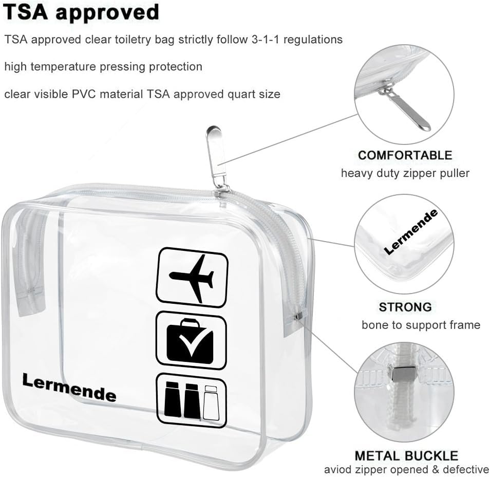 Image of 2pcs /pack Lermende Clear Toiletry Bag TSA Approved Travel Carry On Airport Airline Quart Sized 3-1-1 Compliant Bag Make-up Pouch Kit (Clear)