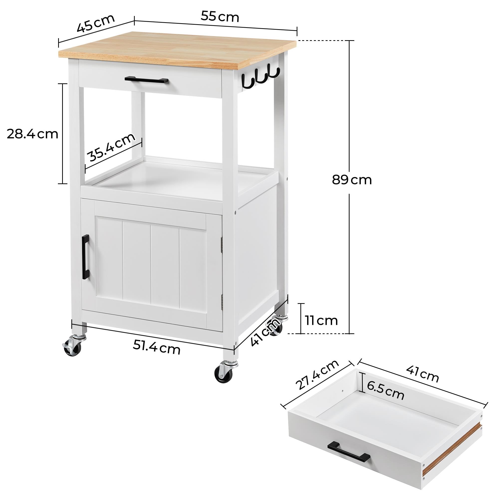 Yaheetech Carrello da Cucina con Ruote in Legno e Metallo 55 x 45 x 89 cm con Piano da Lavoro e Comodo Stoccaggio degli Oggetti Salvaspazio per Cucina Dispensa Ristorante e Bar Bianco