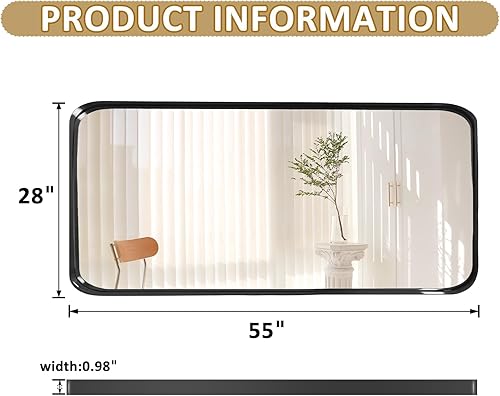 Miniatura 2 de Little kuku Espejo de baño negro, marco de metal de 28 x 55 pulgadas con esquina redondeada, espejo de pared mejorado para baños, entradas, salas de