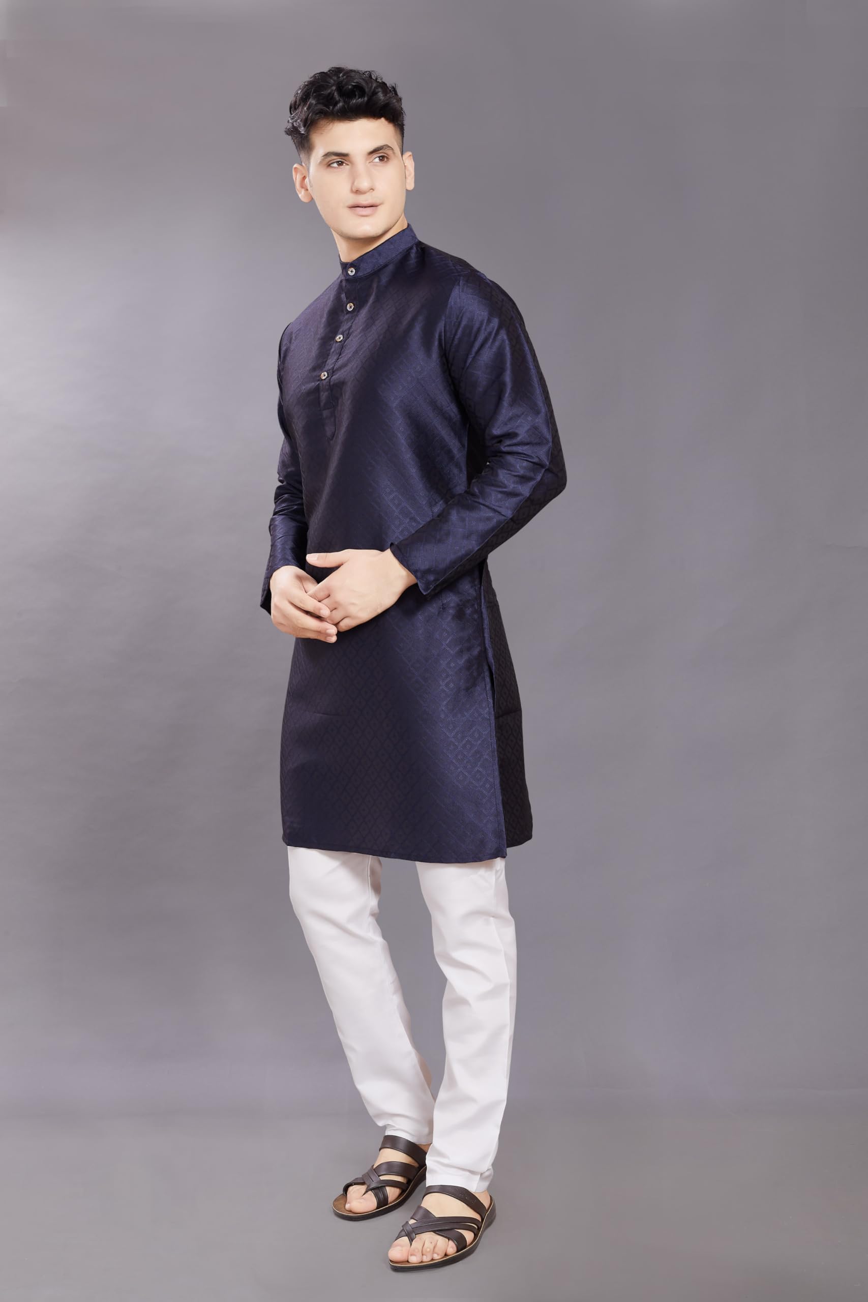 Divisive Men's Self Woven Jequard Art Silk Slim Fit Only Kurta (Dkrt402_M_Navy)