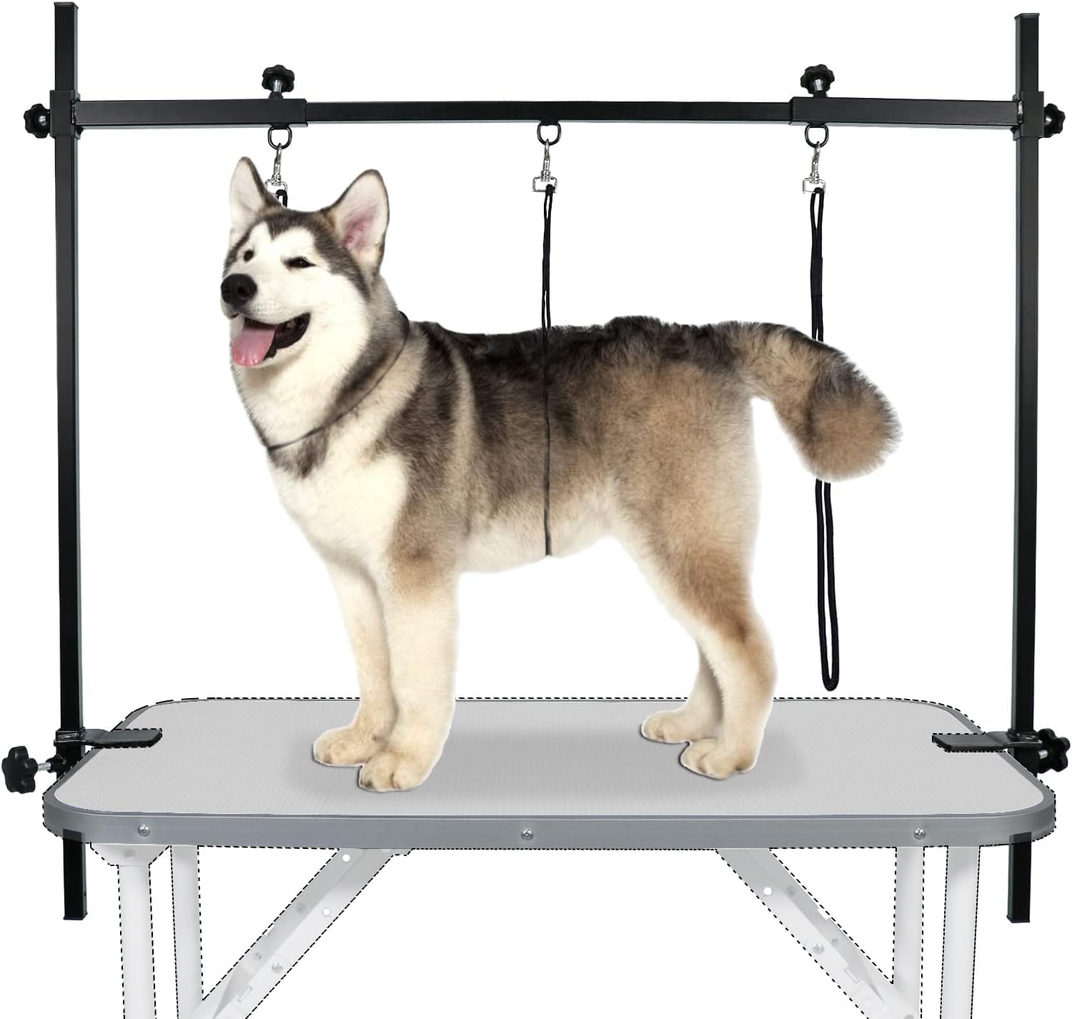 LEIBOU H-Shape Dog Grooming Arm Pet Supplies Grooming Table Arm with 3 Noose and Clamp Heavy Duty Aluminum Alloy Frame with 35.4” Adjustable Height and 36.2” ~ 50” Adjustable Width Dog Grooming Kit