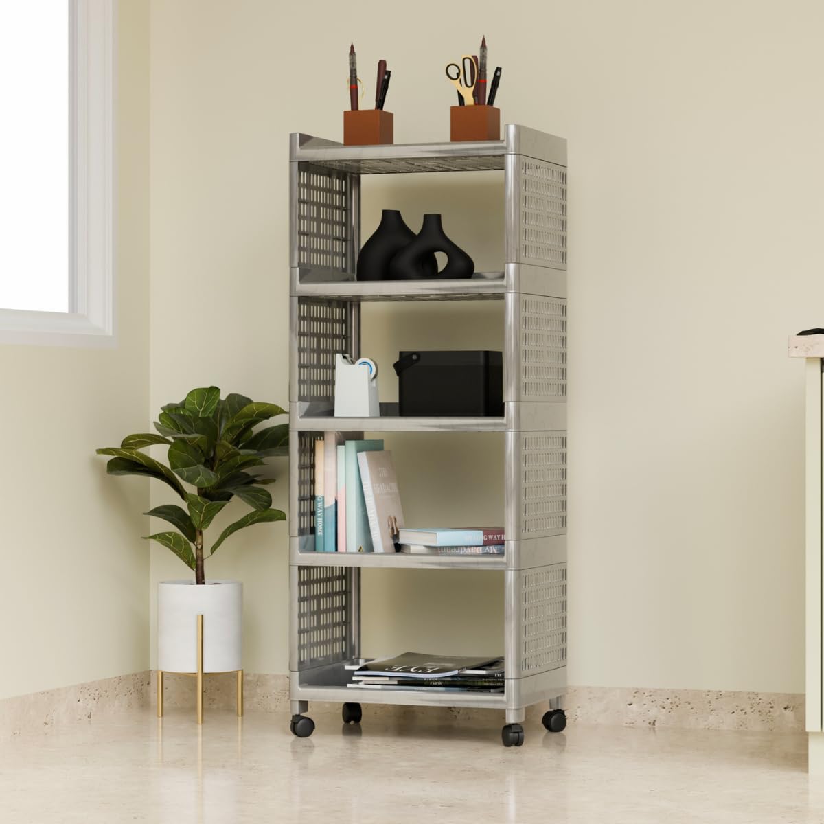 Biltoxi Multi-Purpose Trolley, Rolling Storage Rack, Plastic Storage Cart, Wheeled Organizer Stand Ideal for Kitchen, Office and Bathroom Organization (5 Layer, Silver)-image-11
