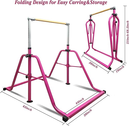 Miniatura 5 de Barra de gimnasia, altura ajustable de 3 a 5 pies y equipo de gimnasia plegable para niños de 3 a 15 años, ideal para entrenamiento en interiores y