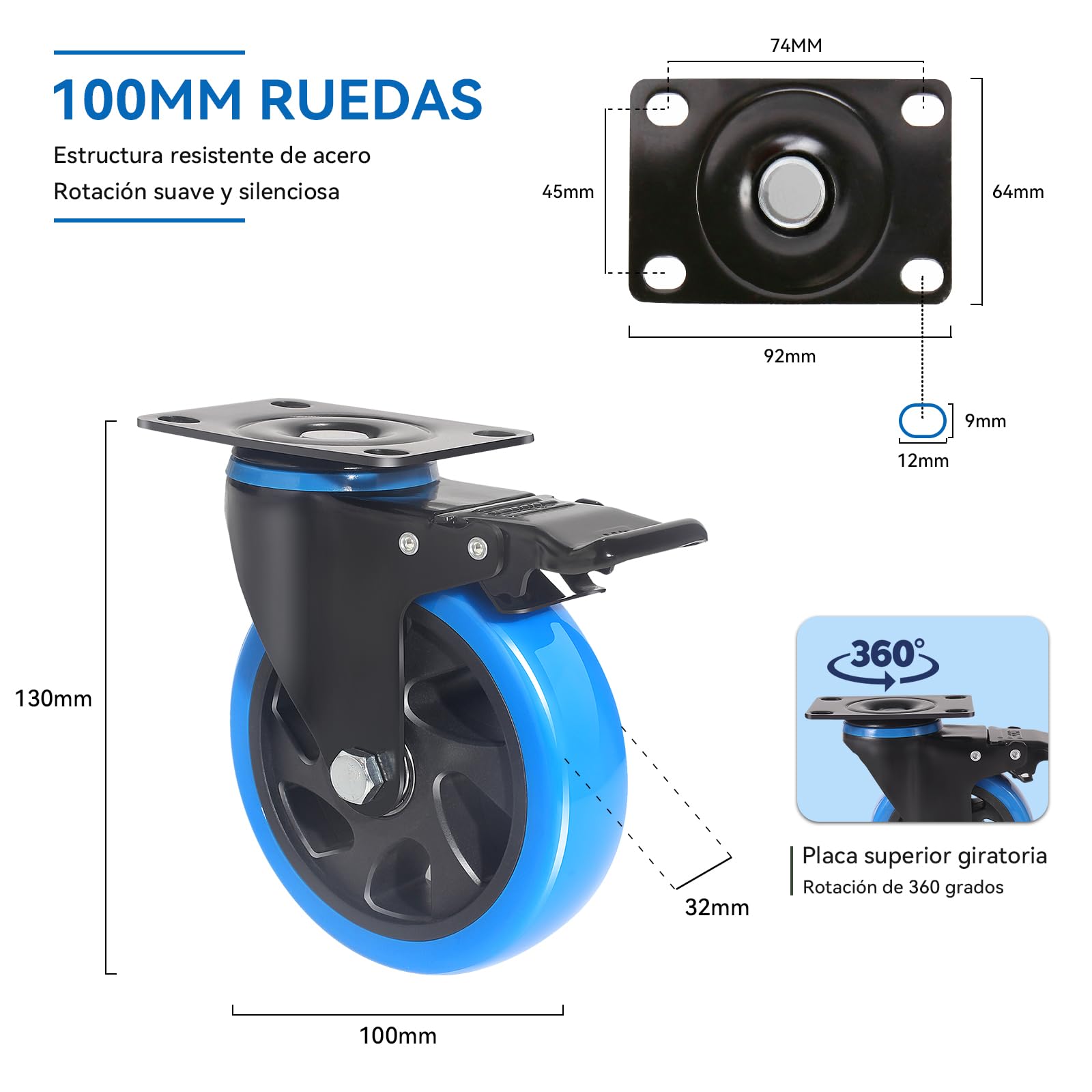 Ruedas para Muebles de 100mm Azul para Trabajo Pesado con Freno y Tornillos - Set de 4 Ruedas Pivotantes de Carga Pesada - Ruedas Industriales de Placa - Soportan hasta 600KG
