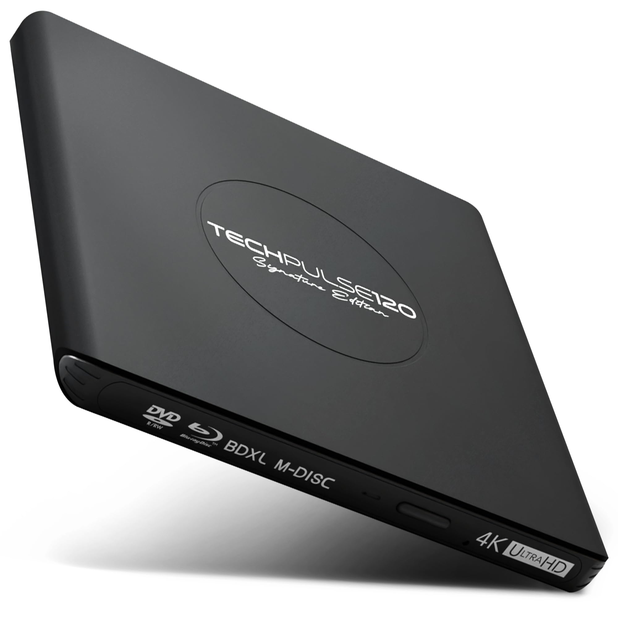 techPulse120 Unidad externa USB 3.1 USB-C UHD 4K 3D M-DISC Blu-ray DVD CD HDR10 128GB Unidad Grabadora Burner Signature Paquete Bolsa 90 cm Cable de conexión Aluminio (Negro)