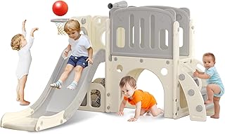 hoopyosms Toddler Slide with Climbing Ladder, Tunnel and Basketball Hoop, Indoor Outdoor Garden Slide Set for Kids, Children\'s Playground Toy, Montessori Play Equipment, Grey