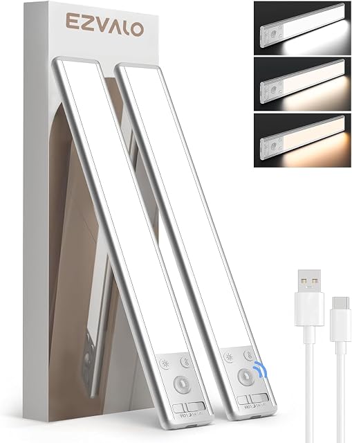 EZVALO 10inch Under Cabinet Lighting, 2500mAh Rechargeable Motion Sensor Lights Indoor with 3 Color Temps, 2 Pack Magnetic Closet Light, 80 LED Dimmable Under Counter Lights for Kitchen, Shelf, Stair