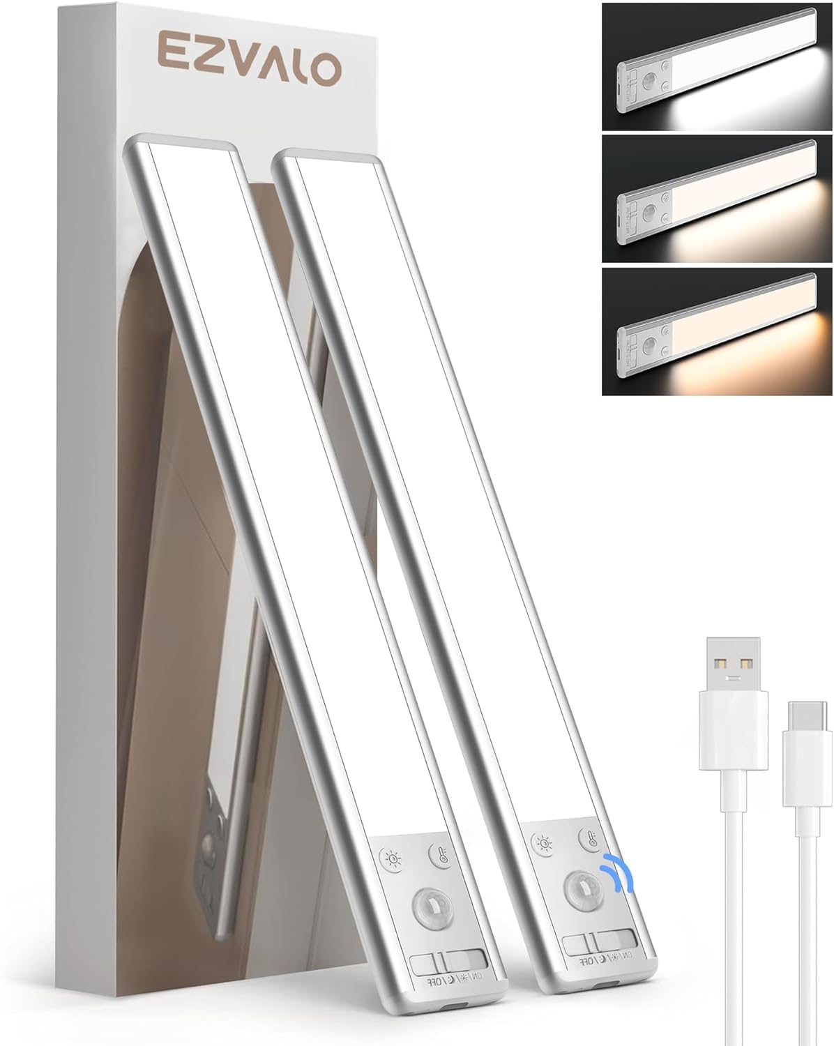 EZVALO 10inch Under Cabinet Lighting, 2500mAh Rechargeable Motion Sensor Lights Indoor with 3 Color Temps, 2 Pack Magnetic Closet Light, 80 LED Dimmable Under Counter Lights for Kitchen, Shelf, Stair