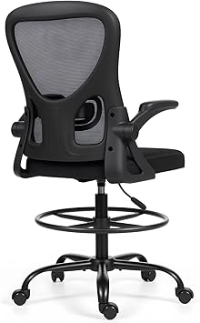 ECOTOUGE Tall Drafting Chair, Breathable Mesh Office Chair with Flip-up Armrests, Ergonomic Computer Standing Desk Chair with Adjustable Footrest Ring and Lumbar Support, Black