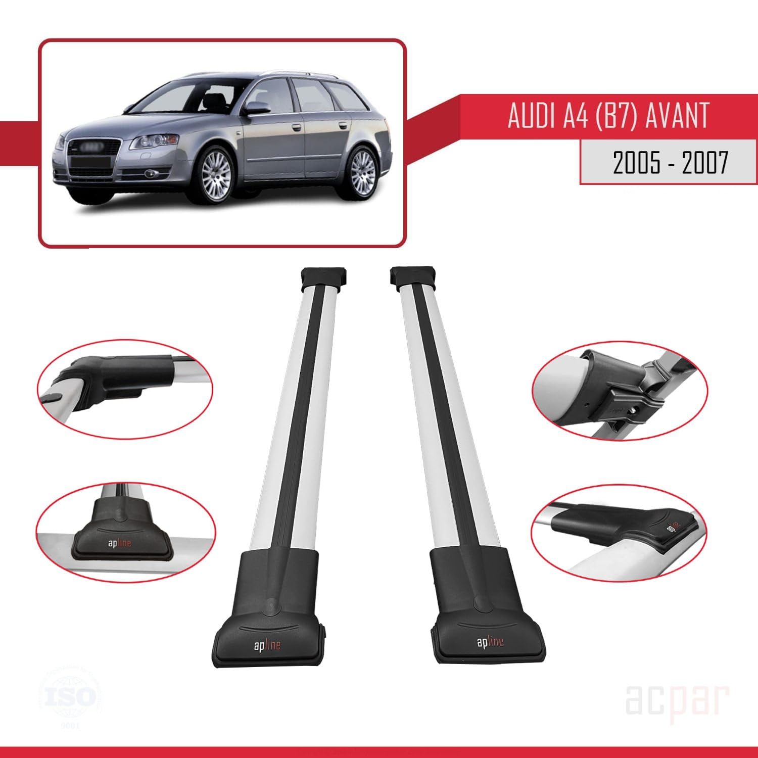 Compatible con Audi A4 (B7) Avant 2005-2007 Modelo Fly Barra de Techo Auto Portaequipajes Barras Transversales Gris Aluminio 2 Barras