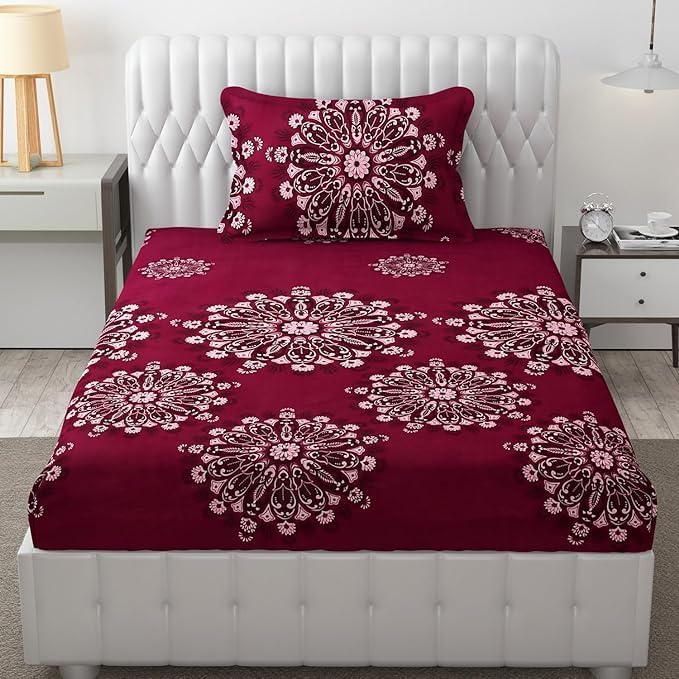 Image of KAWI Single Bedsheet Elastic Fitted 72X48X6 Inches Glace Cotton with 1 Pillow Cover (72 inchX 48 inchXup to 8 Inche Mattress) Charry Colour