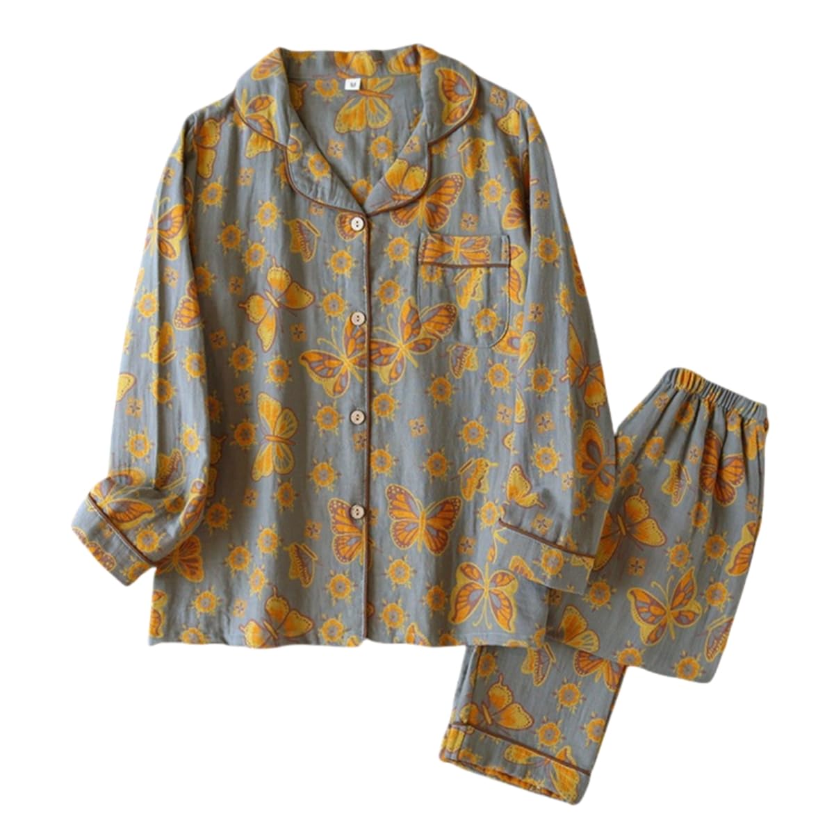 Thicc Women's Style7-#R 2 Piece Pajamas Set – Vintage Floral Embroidered Sleepwear V Neck Button Down Shirt & Pants Loose Fit Loungewear Soft Cotton Gauze Homewear For Relaxing Nights (,M)