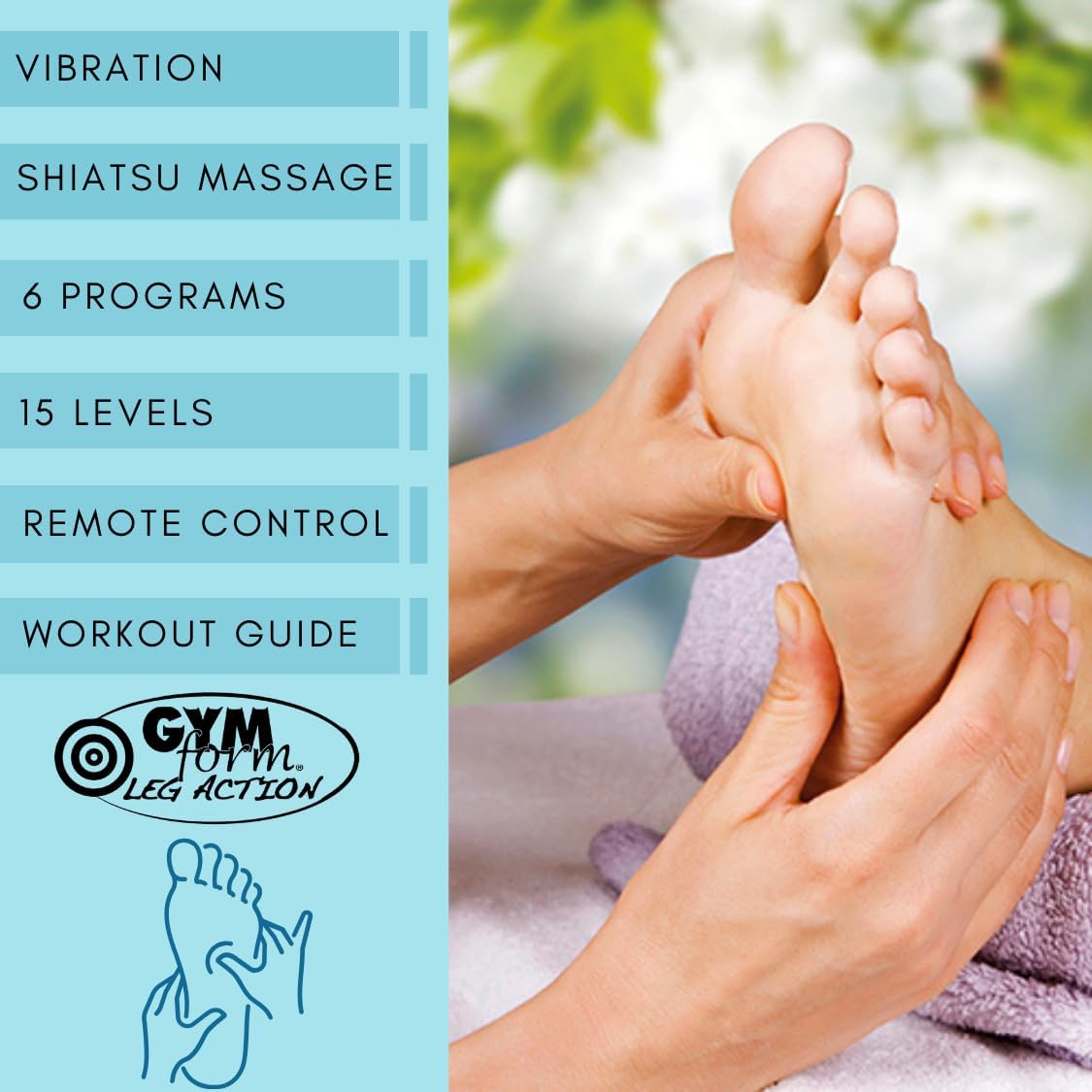 Features of GYMFORM Leg Action Massager including vibration, shiatsu, programs, levels, and remote control