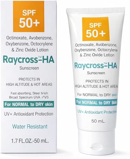 Raycross-HA SPF 50+ Sunscreen Lotion for Normal to Dry Skin, 50 mL, Water Resistant, UV+ Antioxidant Protection