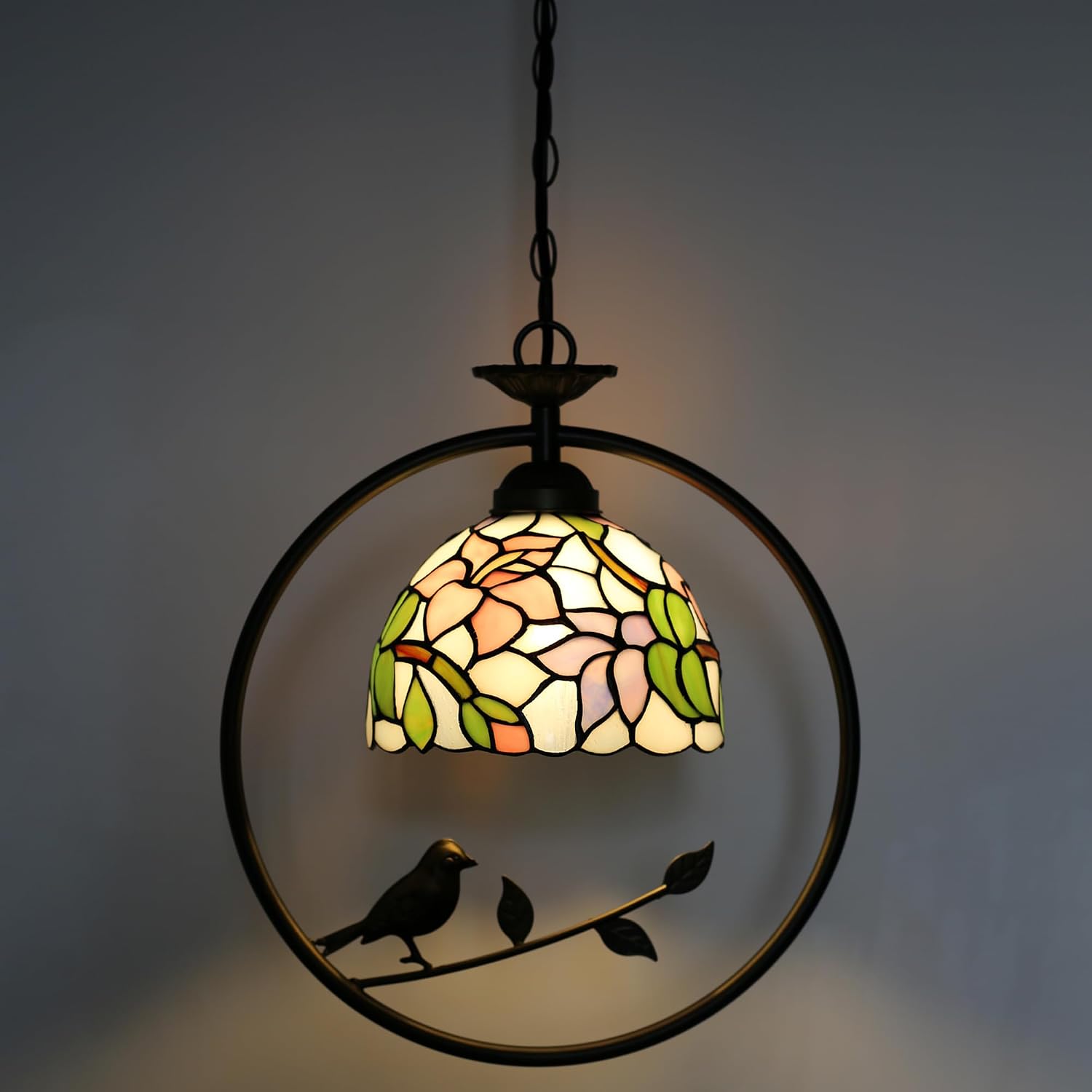 Tiffany Stained Glass Pendant Lamp with Bird Hanging Light Chandelier in Multicolor with Adjustable Hanging Cord for Dining Room Bedroom Restaurant (Pink Flower)