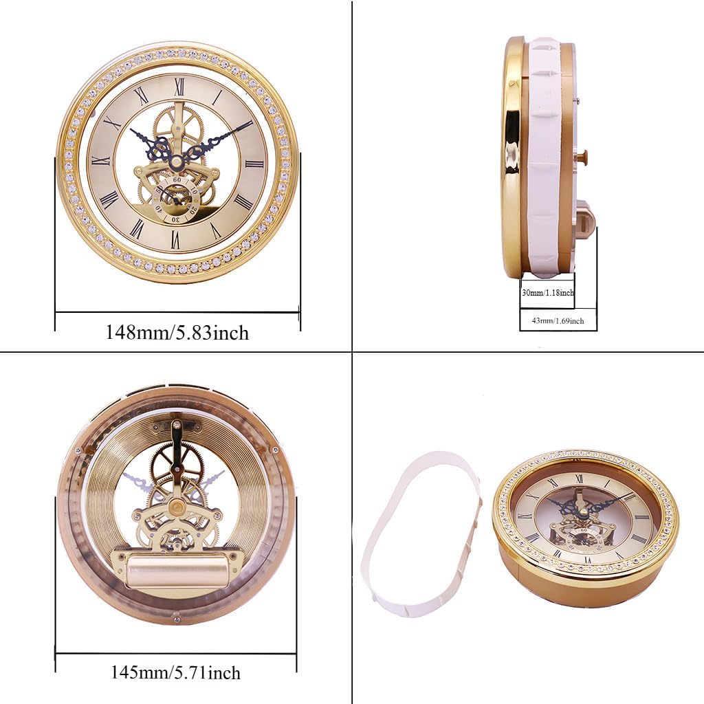 5.83-inch Diameter 148mm Diamond-Encrusted Transparent Hour Gold Vintage Metal Gear Movement
