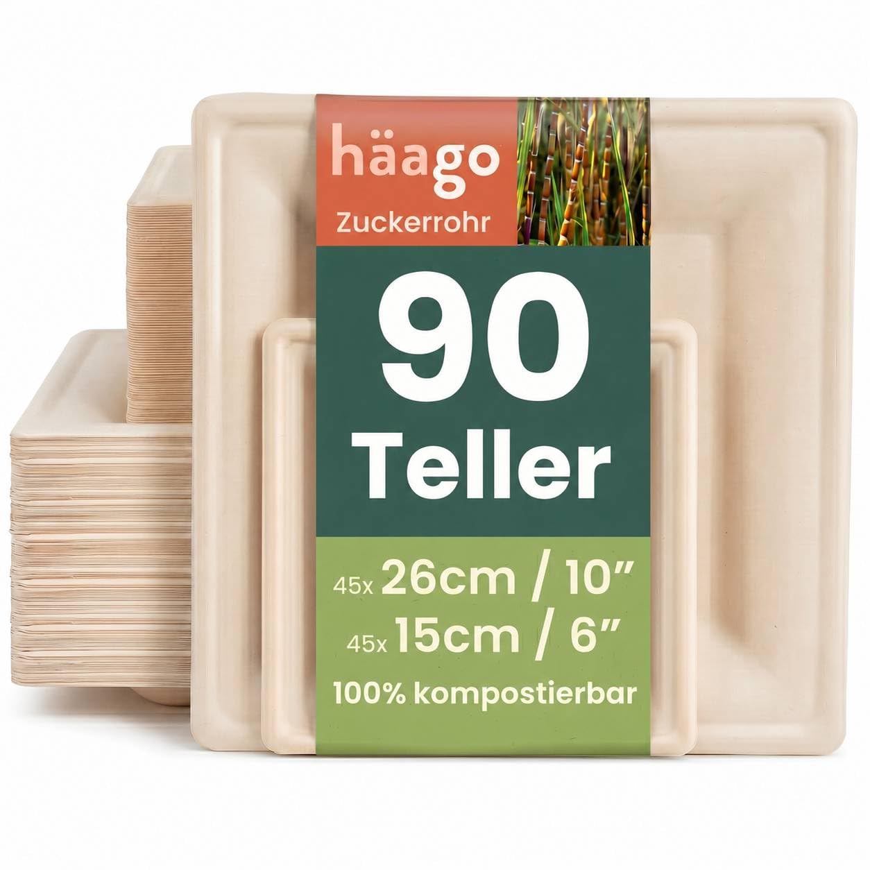 HAAGO 90 Extra Stabile Kompostierbare Zuckerrohr Teller, 25cm & 18cm Eckig – Fett- & Auslaufsichere Pappteller – Biologisch Abbaubare Partyteller, Einwegteller für Grillparty, Hochzeiten, Geburtstage