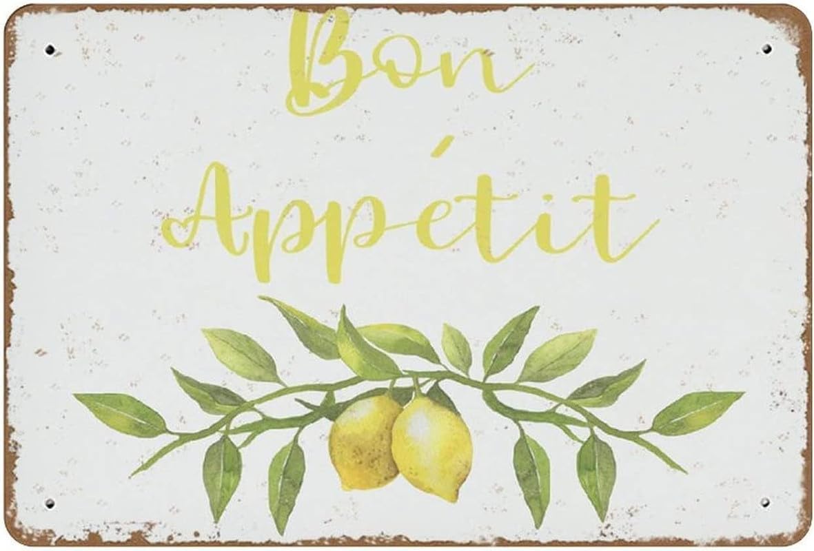 Sitrmgh Women's Sign Funny Tin Bon Appetit Lemon Wall Art Poster Lemon French Country Dining Vintage Metal S Home Living Room Garage Garden Farmhouse Wall Decor Plaque Gift For Men 12X8 Inch