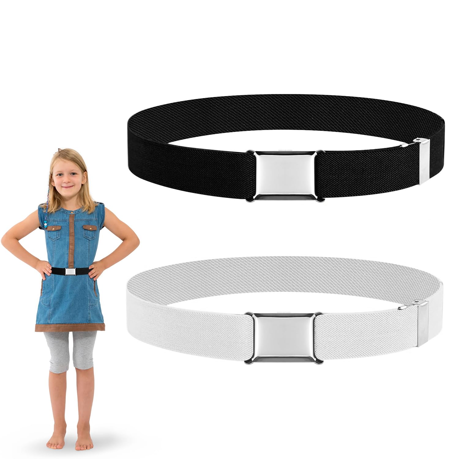 Cinturón Infantil Ajustable (2 Piezas), Cinturón elástico para niños y niñas, Con hebilla magnética simple, Para niños y niñas, pantalones cortos y pantalone, Negro + Gris