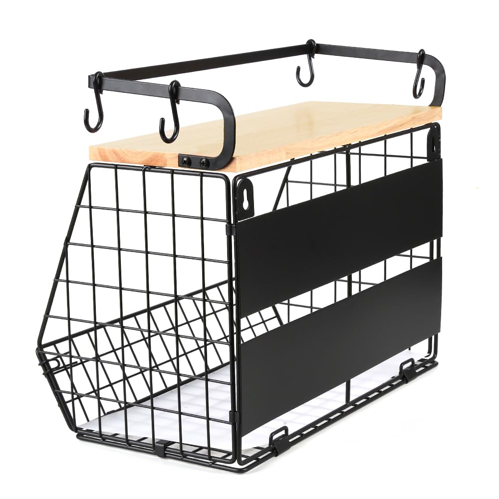 LANTUS - Cesta de frutas colgante, cesta de frutas de pared, cesta de frutas de pared, para cocina, con tapa de madera, para almacenamiento de frutas y verduras, 35 x 17 x 29,5 cm (dos) negro