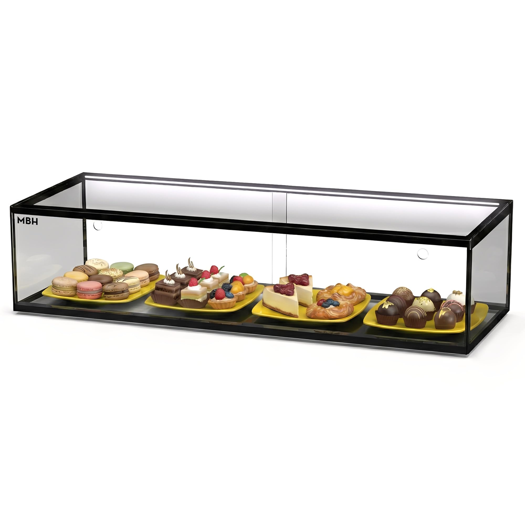 MBH - Vitrina Expositora Neutra de Sobremostrador 92x33 cm, Cristal Recto Templado, 1 Piso, con Iluminación LED, Puertas Traseras Correderas, para Bar, Cafetería, Restaurante, Bollería y Repostería.