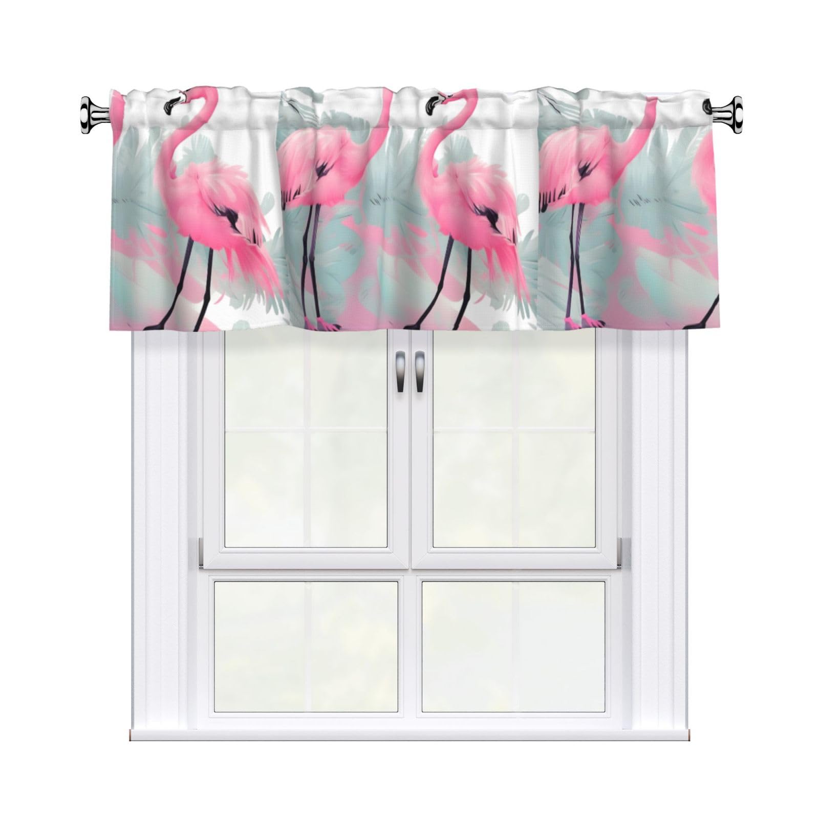 WHJSHOP Pink Flamingo Prints Curtain Valance 54x18in - Peach Skin Kitchen Window Layer, Filtered Light & Quick-Install Rod Pocket Cover