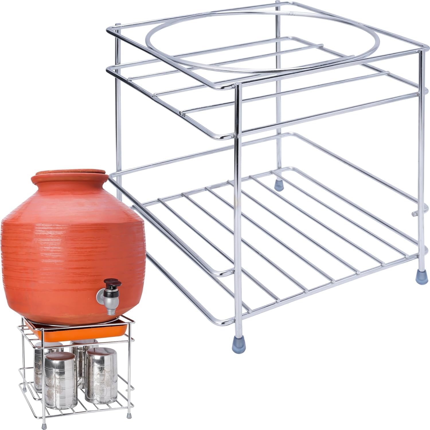 MAHEA Stainless Steel Matka Stand 20x20x20 cm with Drip Tray | Heavy Duty Water Pot Stand | 2 Tier Metal Rack for Clay Pot, 20L Water Can & Water Dispenser | Rust Proof Kitchen Storage Stand-picture-11
