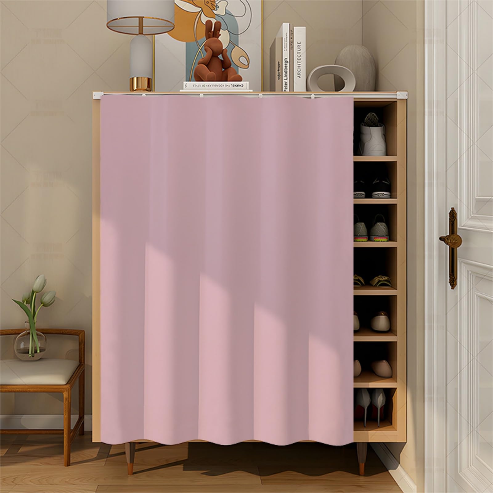 Fasbuy Cupboard Short Curtains Kitchen with Hook and Loop, Hide Away Small Curtains for Kitchen Cupboard Door - No Drilling Is Required for Under Sink, Bookcase, Bathroom (Pink,H90x80cm)