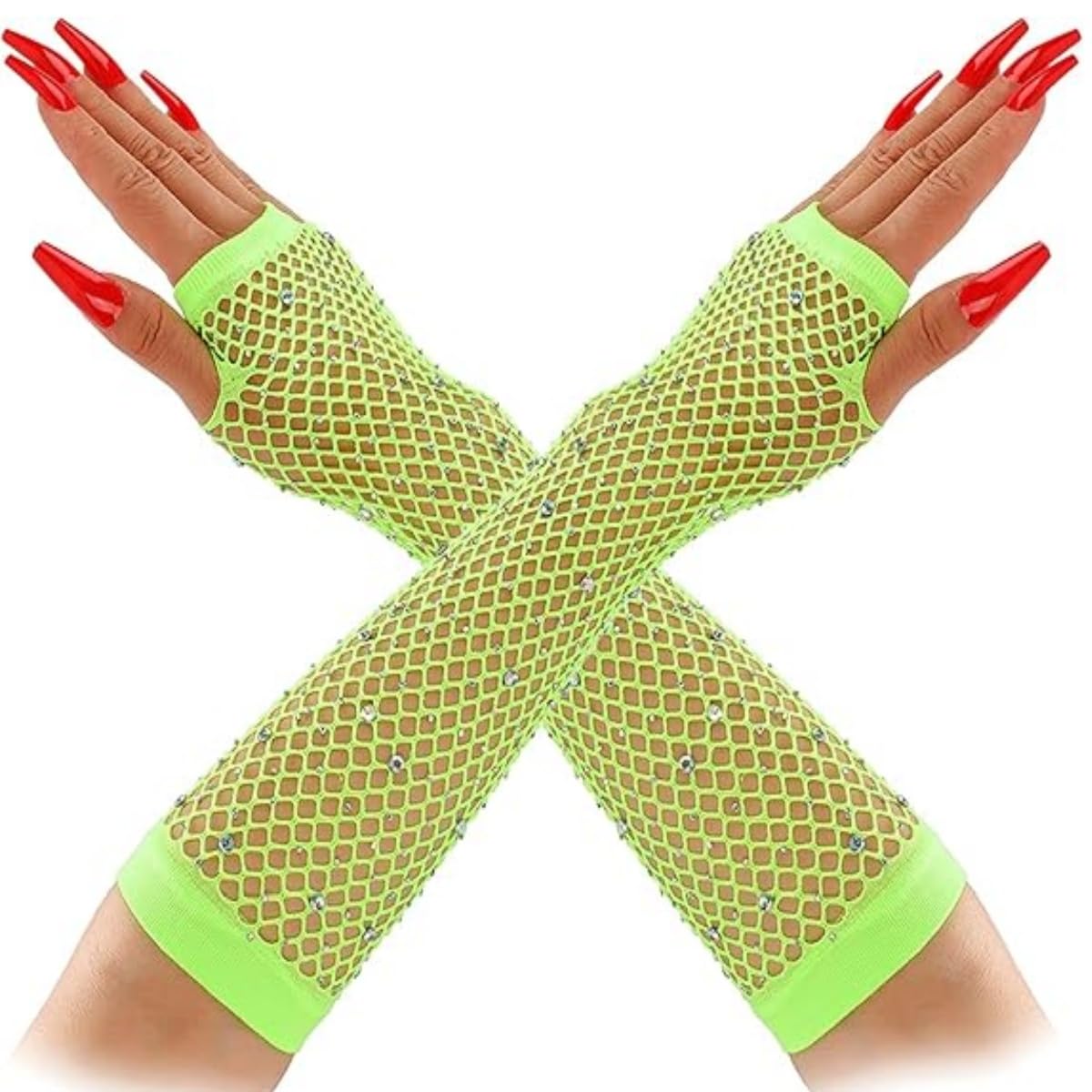 Ruichy Women's Green Rhinestones Fishnet Gloves, 1 Pair Mesh Fingerless Fish Net Sparkly Glitter Gloves, Stretchy Elbow Length Neon Mitten For 80S Party Cosplay, Arm Sleeves Bridal Glove For Wedding Halloween Nightclub