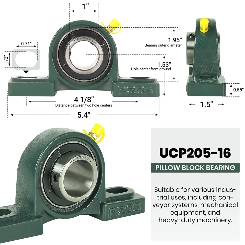 Paquete de 2 Rodamientos de Bolas de Bloque de Almohada Montados UCP205-16 - Rodamientos de Acero para Cojinetes de 1 Pulgada de Diámetro con Base Sólida de Hierro Fundido.