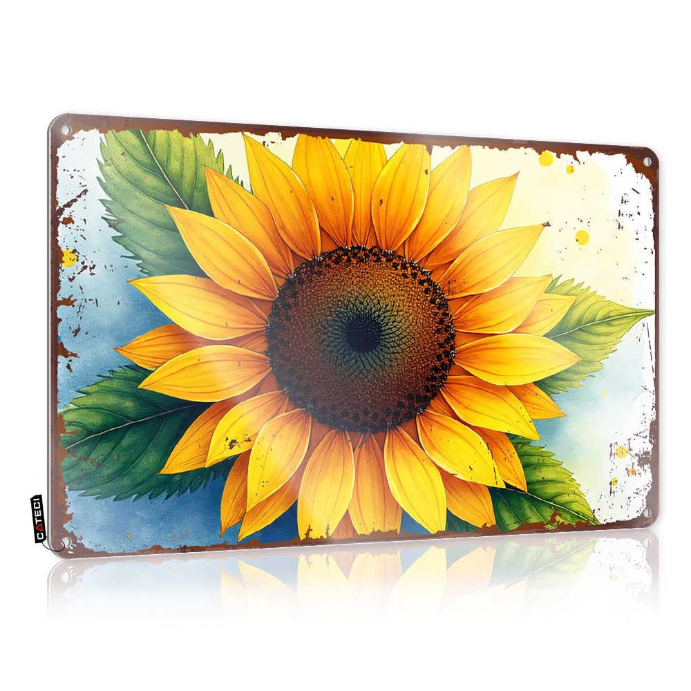 Fzfn Colour Vibrant Sunflower With Green Leaves On Rustic Background Inappropriate Plaques | Guest Vintage Style Collection Workshop Decoration Easy Hang(30X40cm)