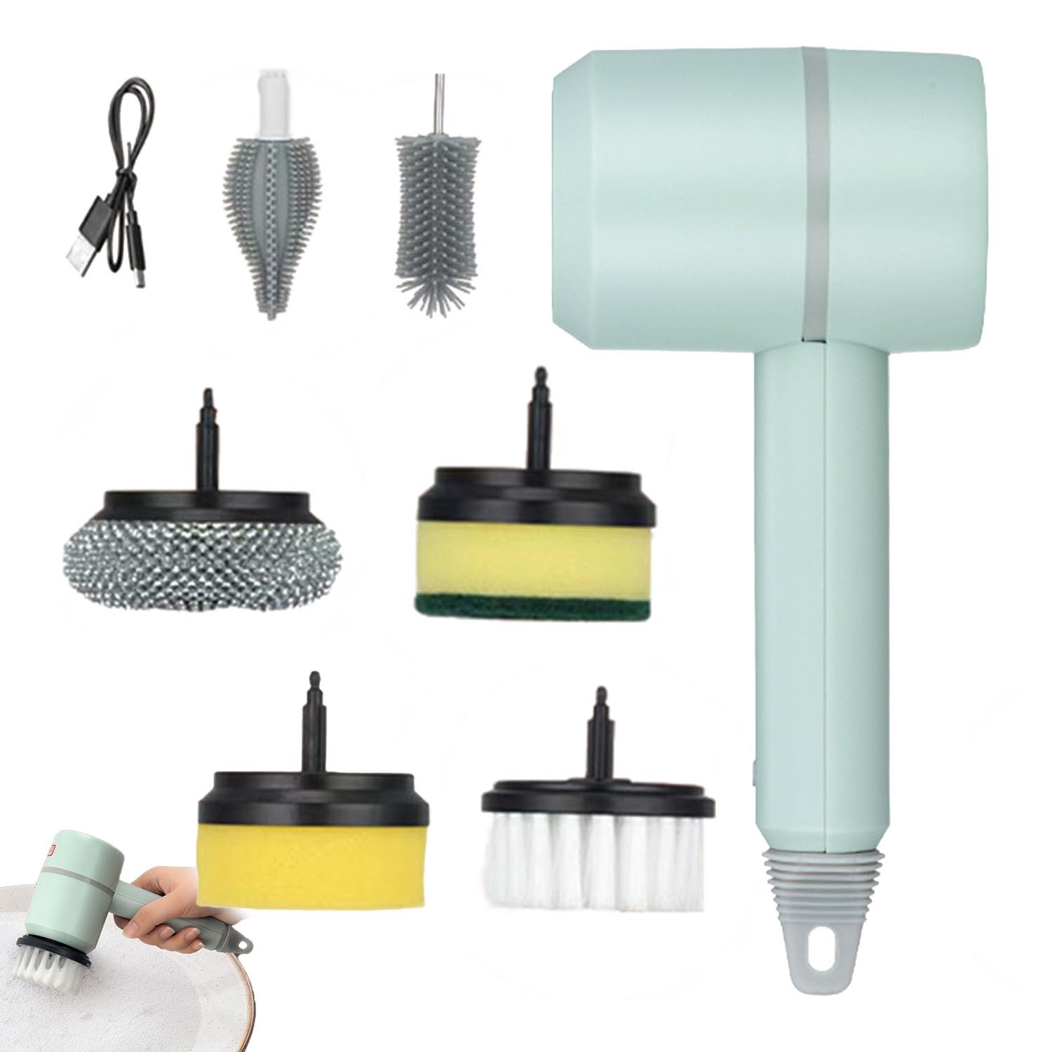 Hanaoni Electric Dish Gun, Pistola per strofinare piatti, 3 velocità regolazione, spazzola di pulizia con 6 testine di ricambio diverse, multifunzione girevole a 360°