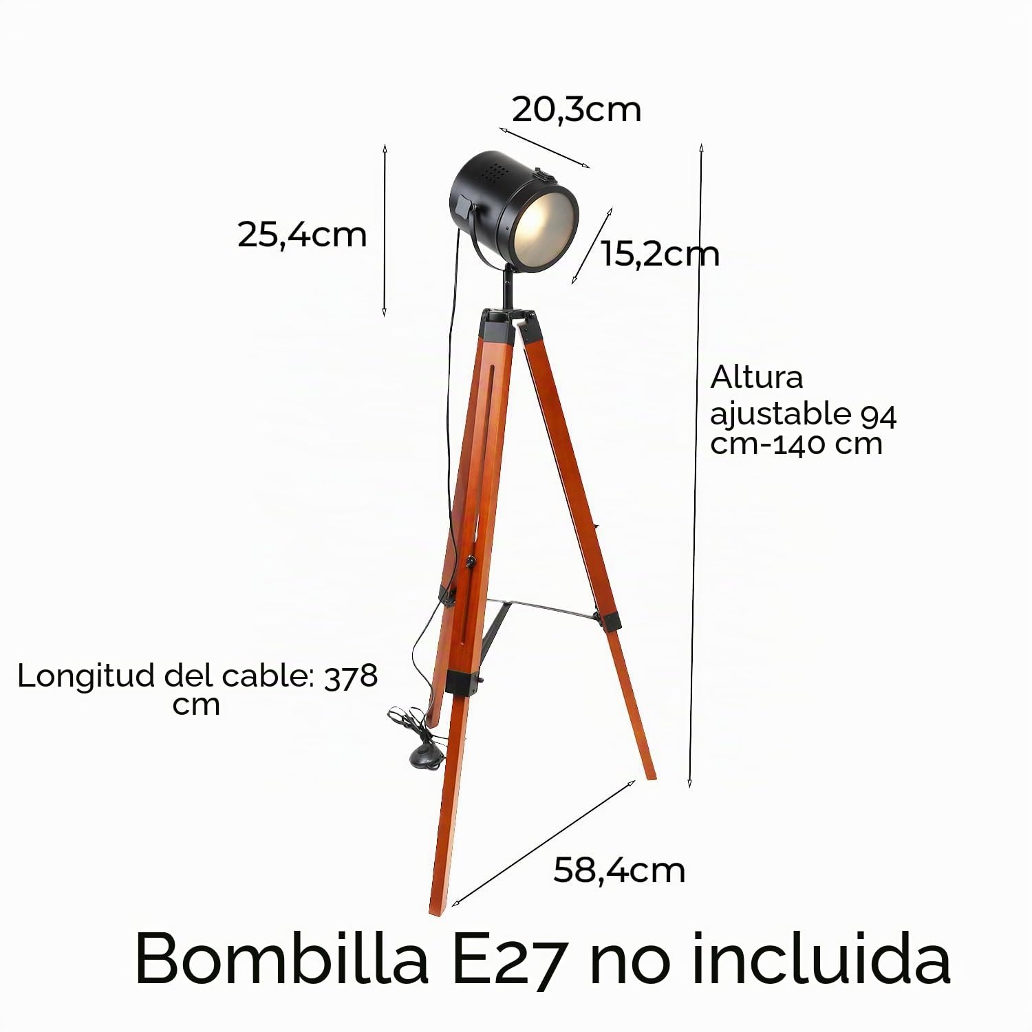 Alpinaluz Lámpara de Pie con Trípode de Madera Natural y Cabezal Negro Mate con Cristal Opaco, Altura Ajustable, Estilo Vintage Retro Cinema, Casquillo E27 para Salón y Dormitorio
