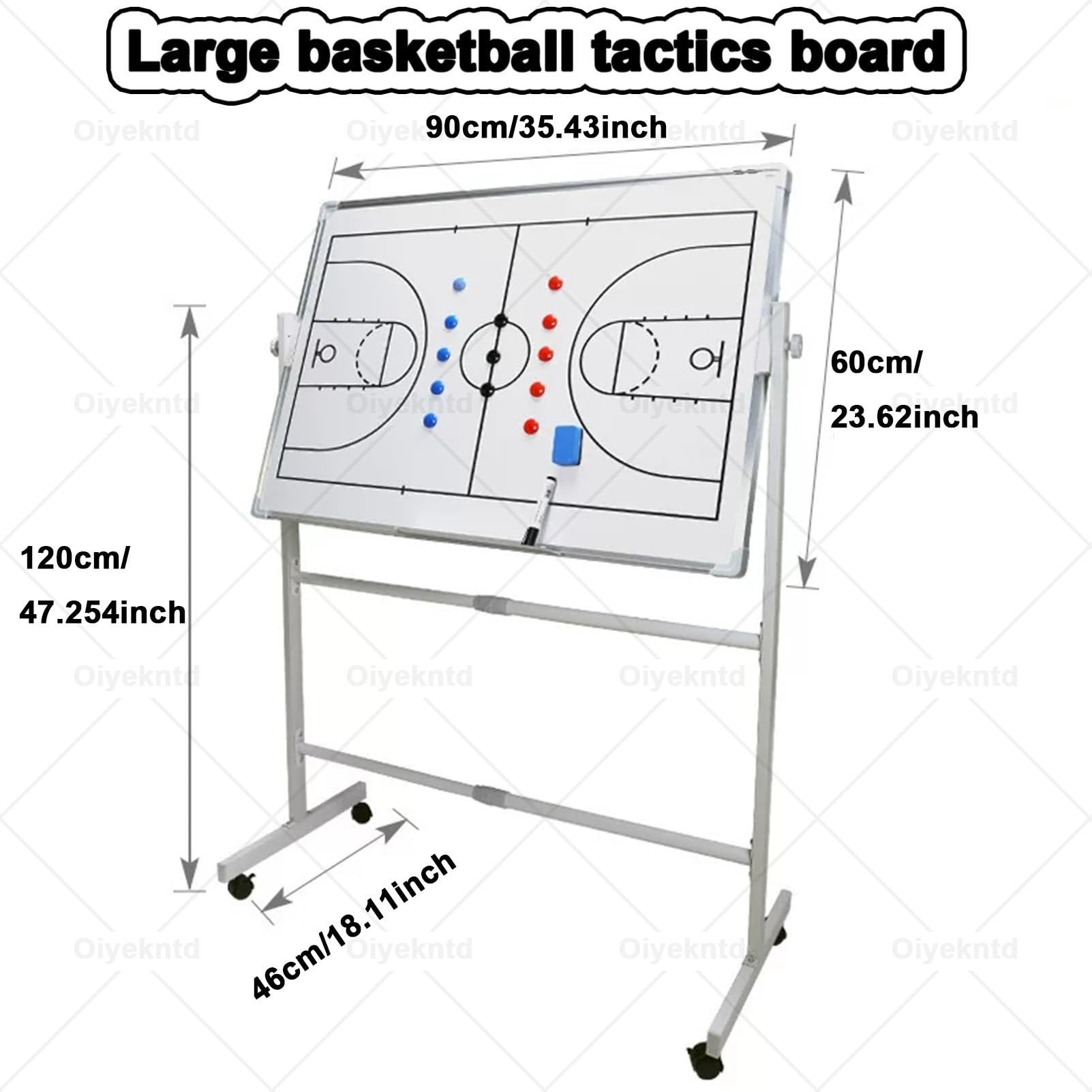Lavagna bianca con ruote bifacciali per allenamento di basket e calcio con pennarello e gomma, supporto retrattile, tavola tattica per allenamento