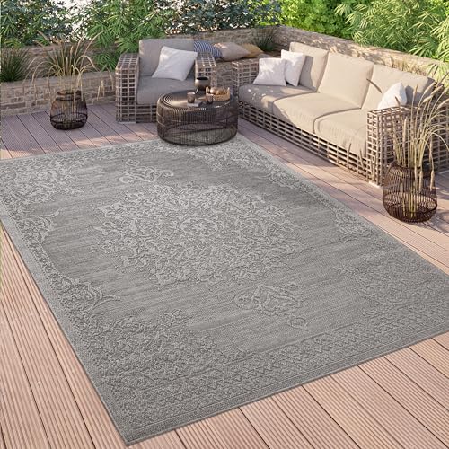 Paco Home Outdoor Teppich Wetterfest Balkon Küche Wohnzimmer Orientalisches Muster Vintage Optik Einfarbig 3D Modern, Grösse:120x160 cm, Farbe:Anthrazit